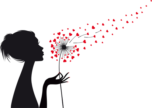 woman holding dandelion with flying red hearts, vector illustration